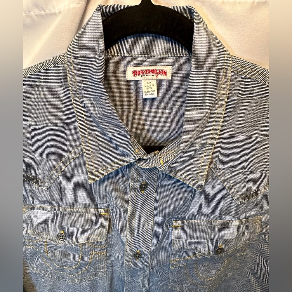 True Religion Size Large Checkerboard Chambray Blue Long Sleeve Western Shirt - Picture 2 of 10